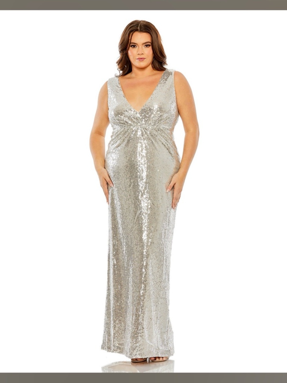 Mac Duggal Silver Sequin Evening Dress with Blush Tag Ribbon